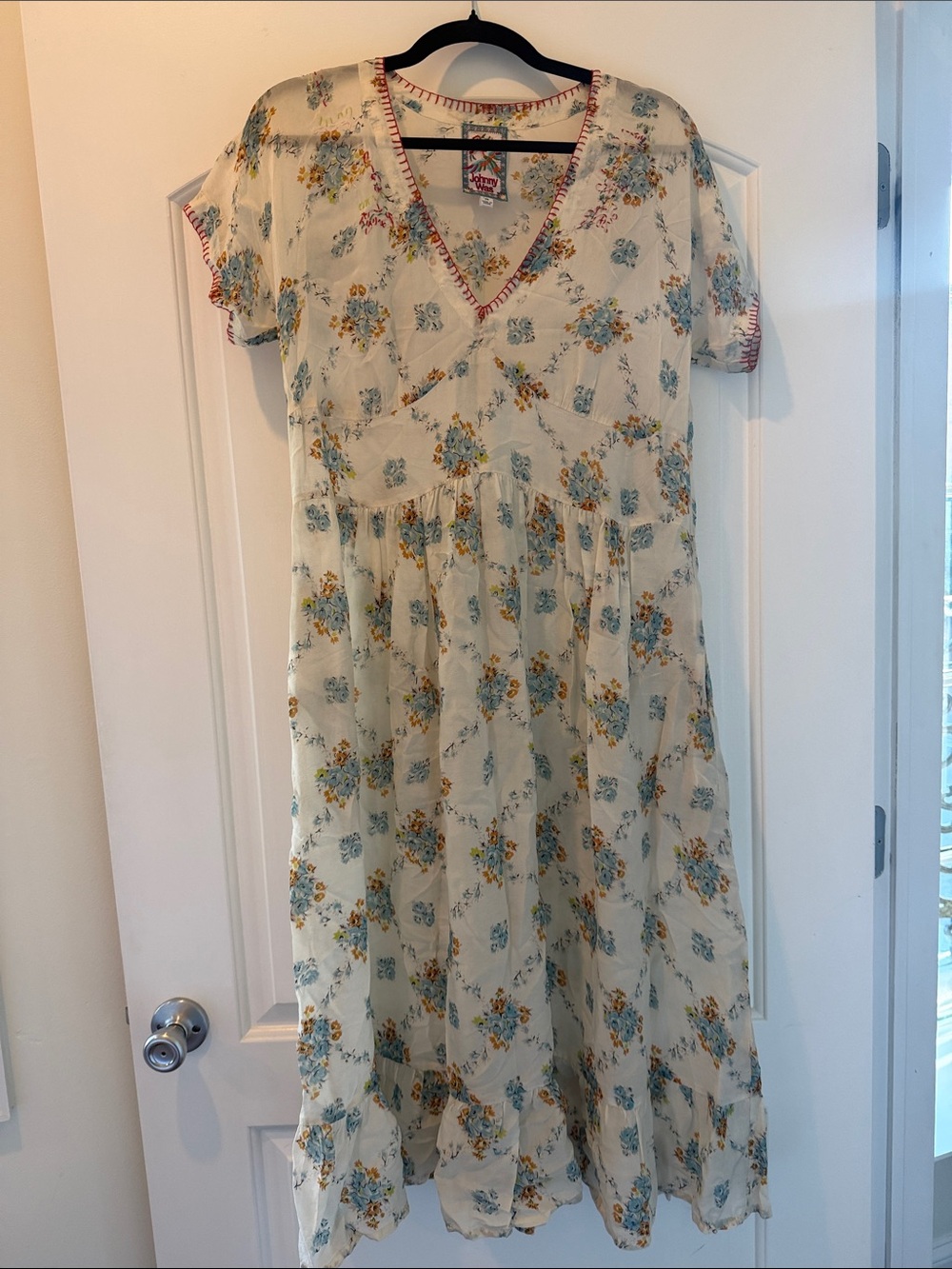 Boho Floral Cream Dress with Blue & Yellow Flower Print